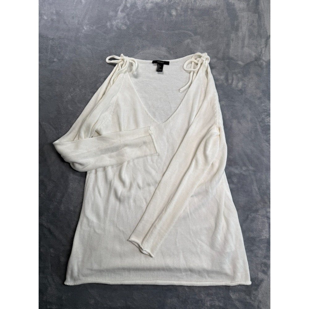 Forever 21 Sweater Womens Large White Cotton Cold Shoulder V Neck Long Sleeve